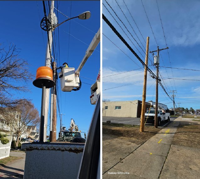 Bucket trucks performing aerial work on utility poles
