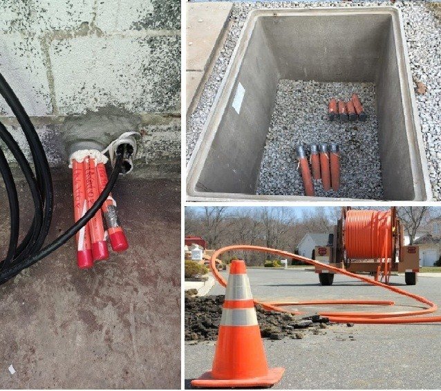 Underground conduit, pull box and cable reel on site