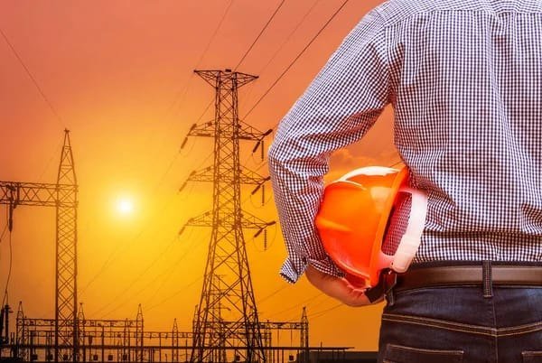 Engineer with hard hat in front of high-voltage transmission towers